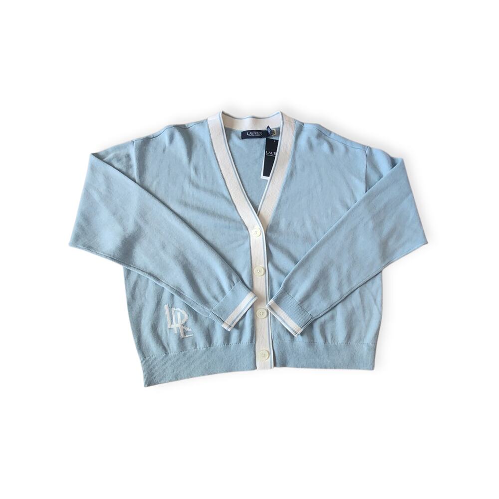 Black Label Ralph Lauren Blue Cream Cropped V Neck Cardigan Sweater Women Large - Picture 2 of 10